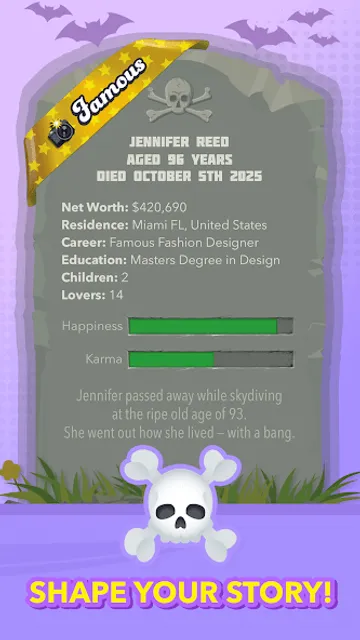 BitLife gameplay screenshot showing an end-of-life summary card