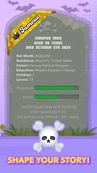 BitLife gameplay screenshot showing an end-of-life summary card